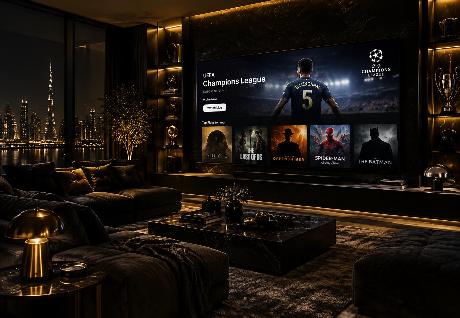 Sala com televisão a transmitir futebol e filmes em 4K